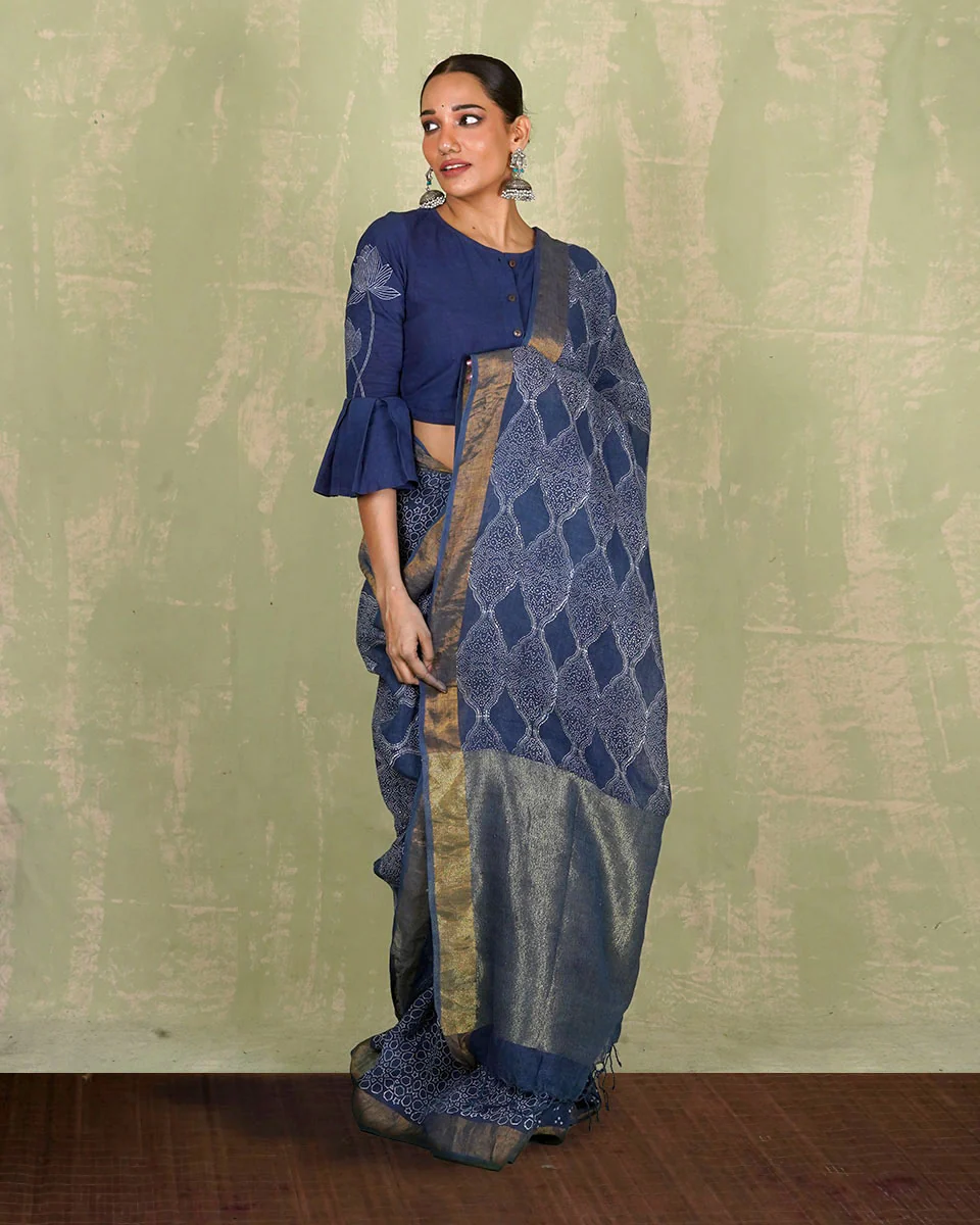Sandhya Blue Handblock Print Linen Saree - INDI - Image 4