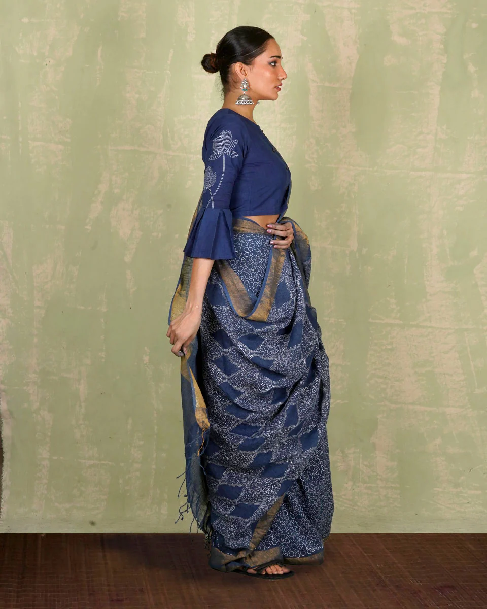 Sandhya Blue Handblock Print Linen Saree - INDI - Image 5