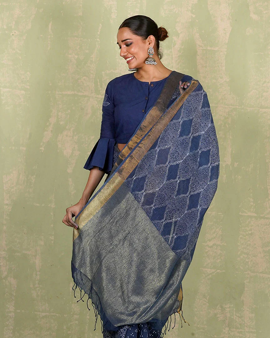Sandhya Blue Handblock Print Linen Saree - INDI - Image 7