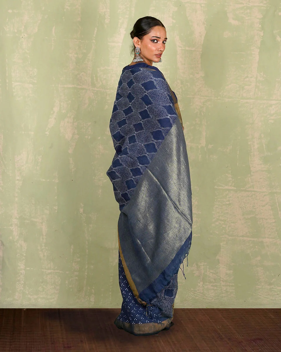 Sandhya Blue Handblock Print Linen Saree - INDI - Image 9