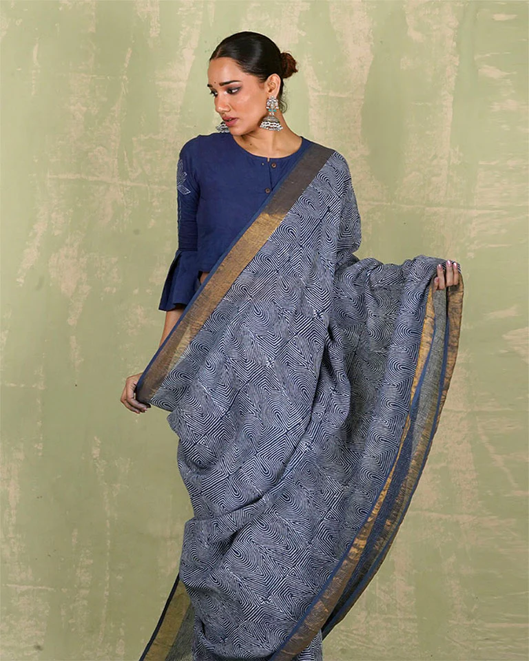 Sanjh Tarini Blue Handblock Print Linen Saree - INDI - Image 4