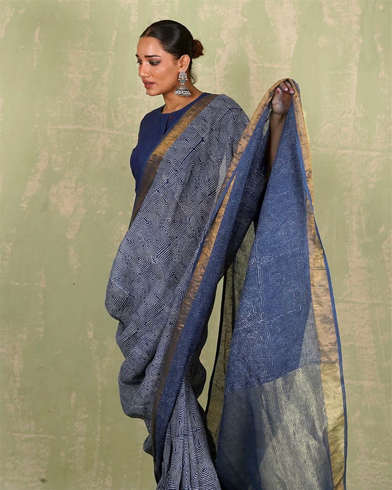 Sanjh Tarini Blue Handblock Print Linen Saree - INDI - Image 5