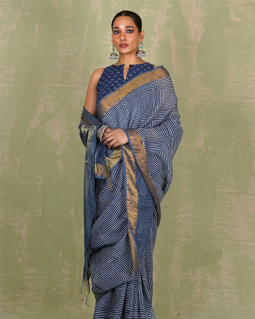 Sarang Blue Handblock Print Linen Saree - INDI - Image 10