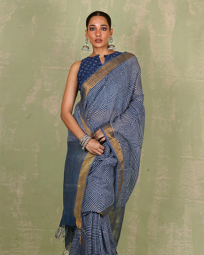 Sarang Blue Handblock Print Linen Saree - INDI - Image 4