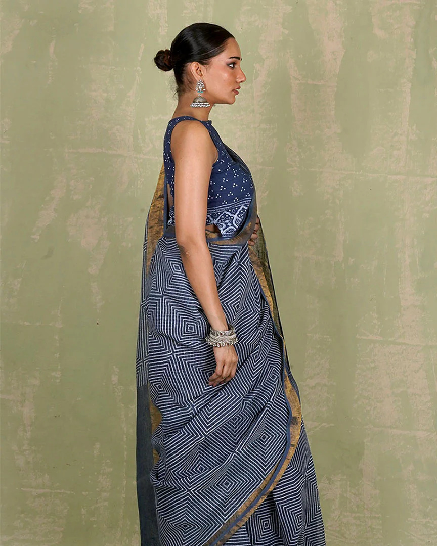 Sarang Blue Handblock Print Linen Saree - INDI - Image 5