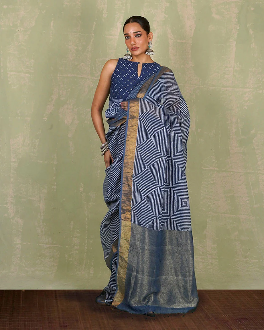 Sarang Blue Handblock Print Linen Saree - INDI - Image 9