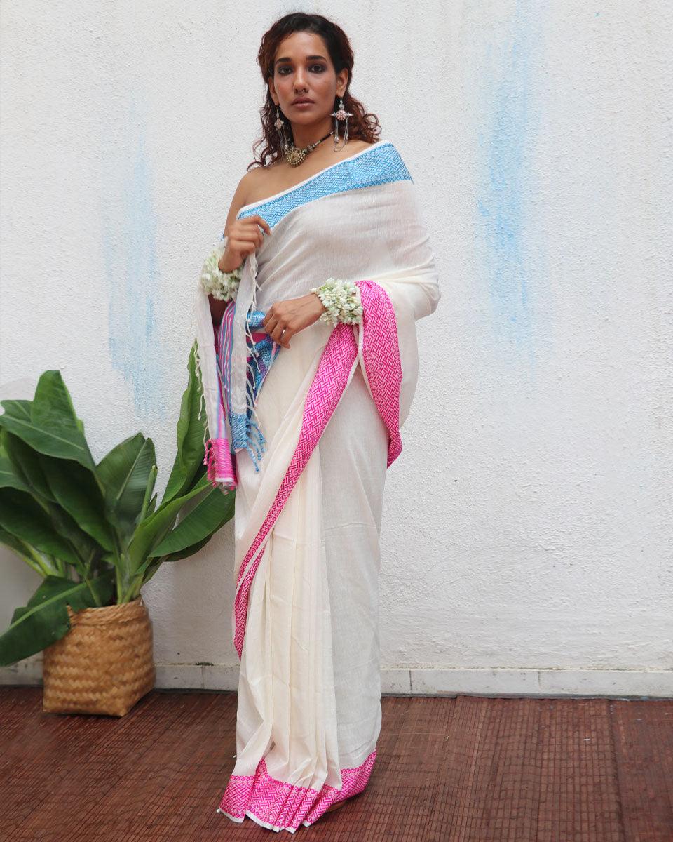 Savitri Ivory Handwoven Linen Cotton Jamdani Saree - Uma - Image 5
