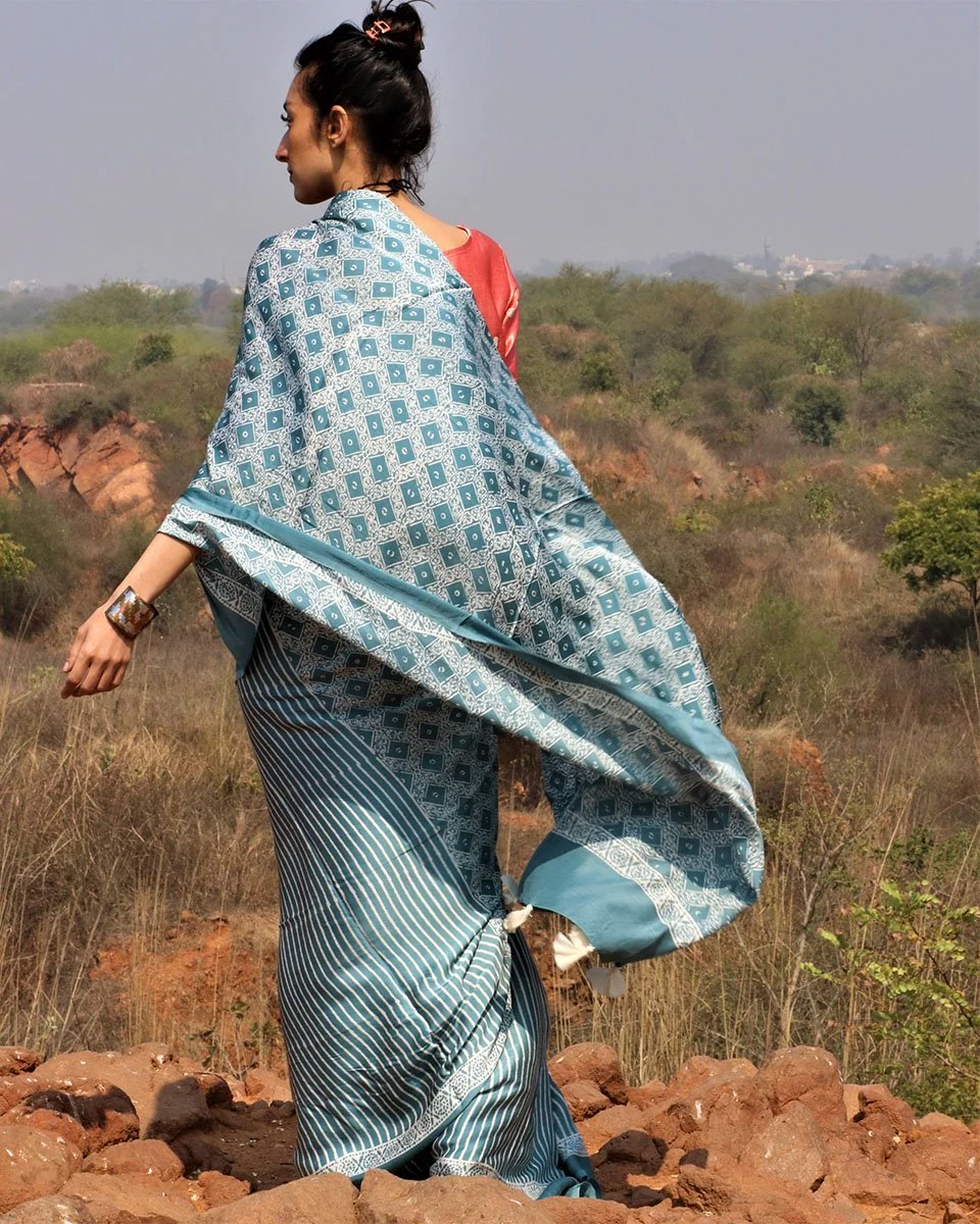 Sea Blue Blockprinted Modal Silk Saree - Image 6