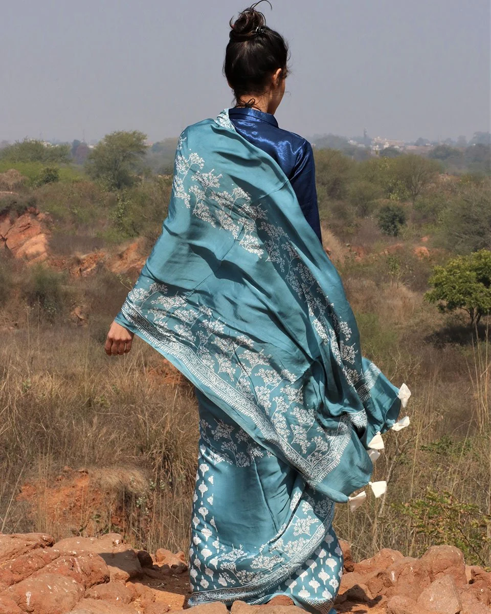 Sea Blue Blockprinted Modal Silk Saree Bel - Image 5