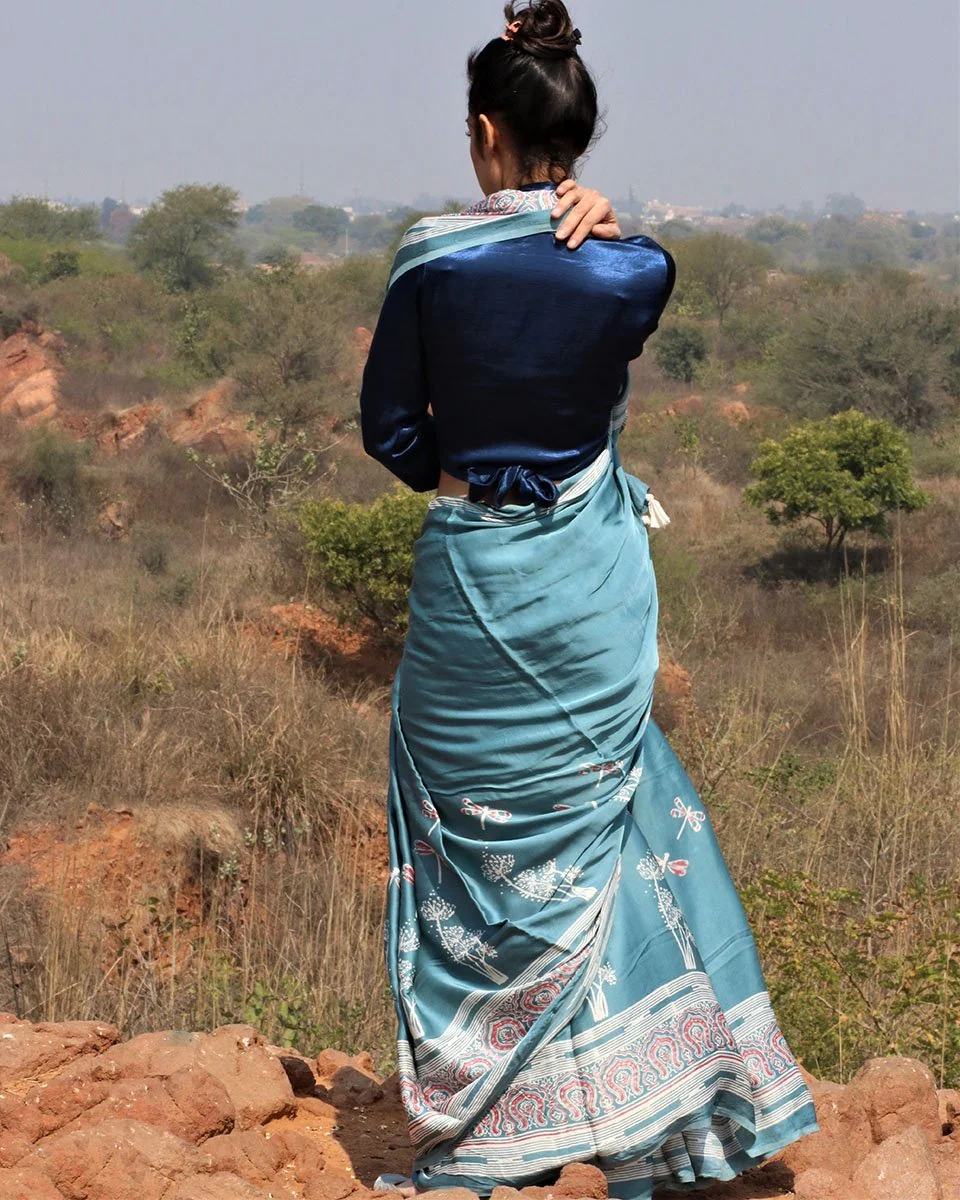 Sea Blue Blockprinted Modal Silk Saree Dragonfly - Image 4