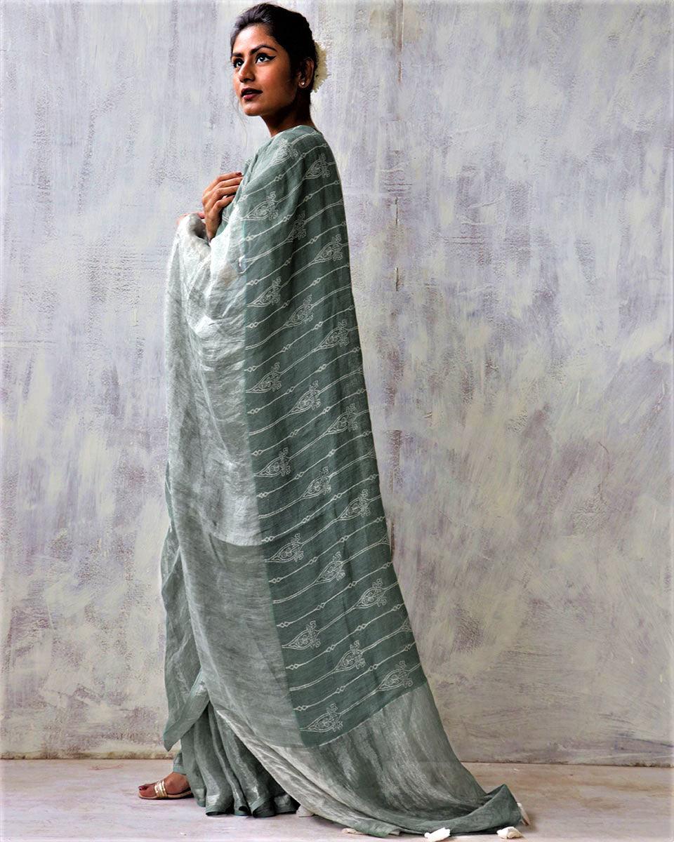 Stone Grey Blockprinted Handwoven Linen Zari Saree - Anant - Image 4
