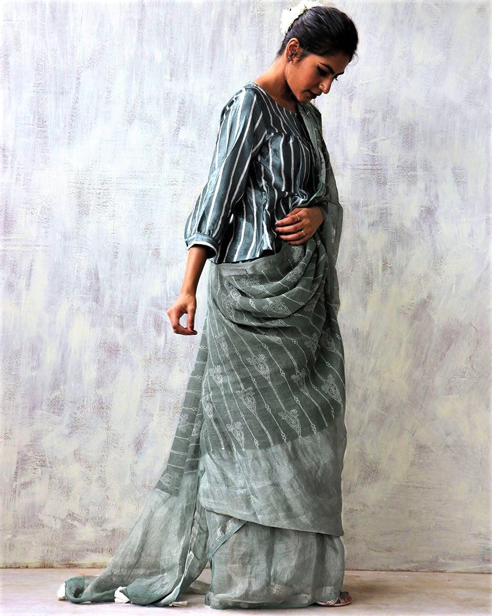 Stone Grey Blockprinted Handwoven Linen Zari Saree - Anant - Image 5