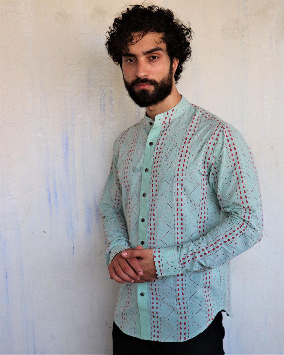 Sea Green Chevron Blockprinted Men'S Shirt - Image 5