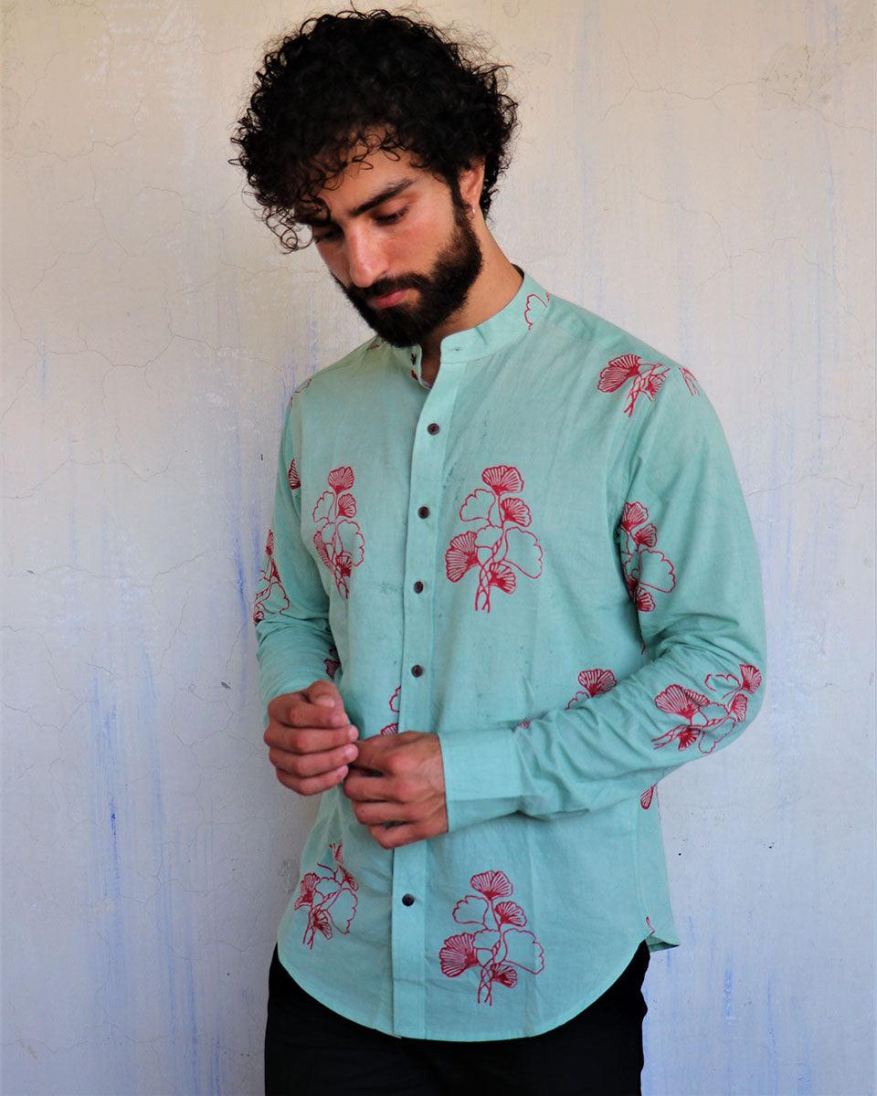 Sea Blue Ginkgo Blockprinted Men'S Shirt - Image 6