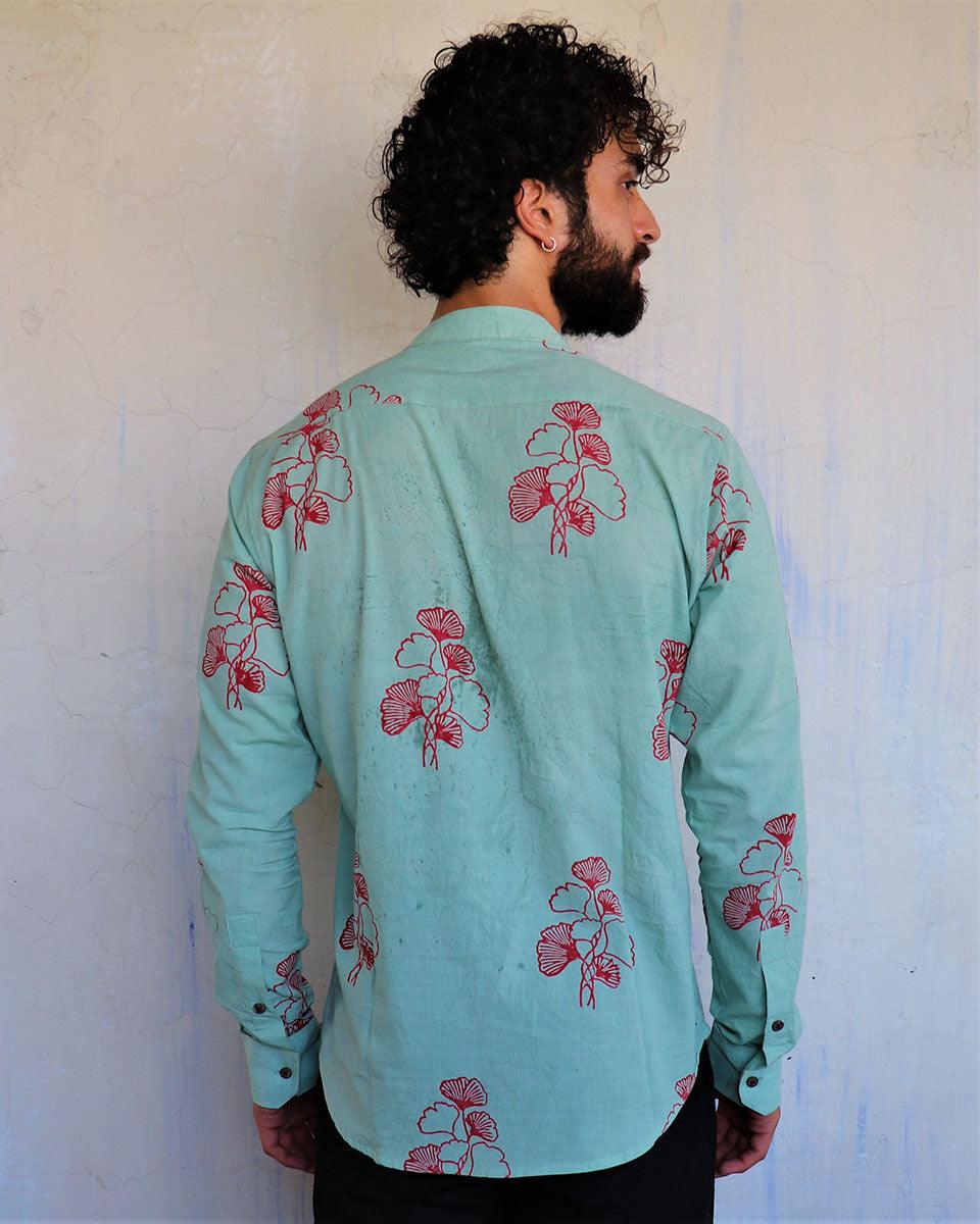 Sea Blue Ginkgo Blockprinted Men'S Shirt - Image 7