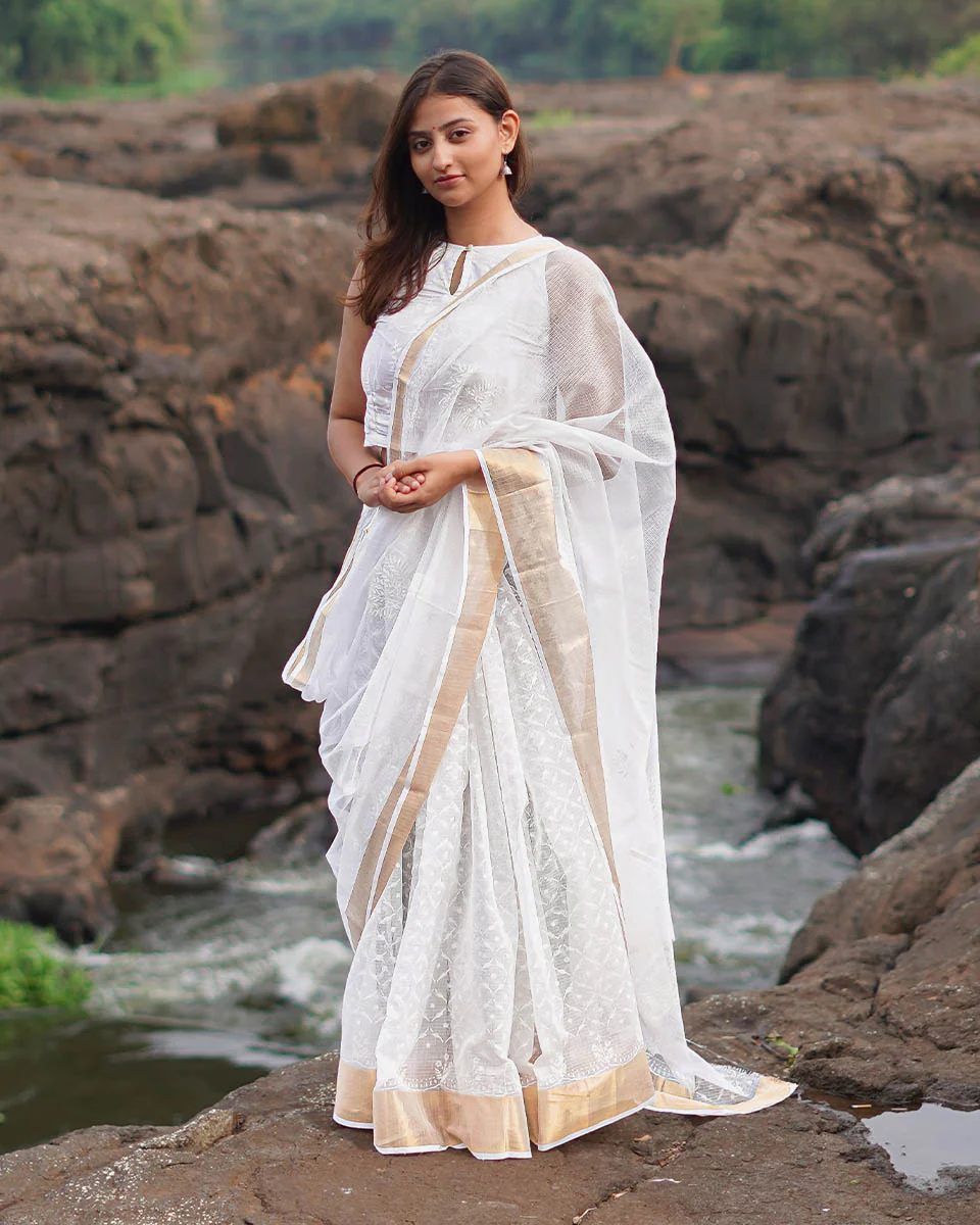 Seafoam cream Kota Doria Ivory Block Printed Saree - SFD
