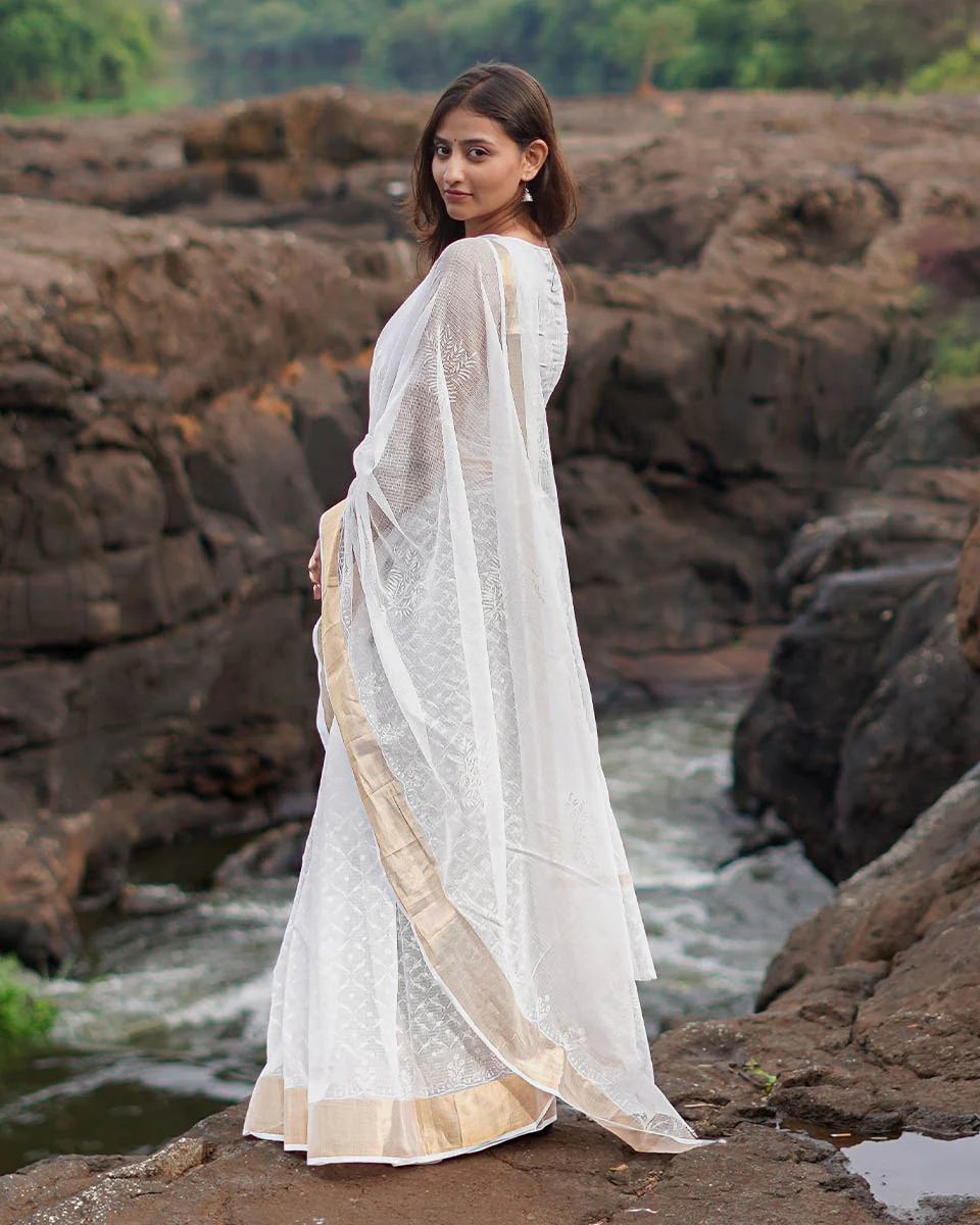 Seafoam cream Kota Doria Ivory Block Printed Saree - SFD - Image 2