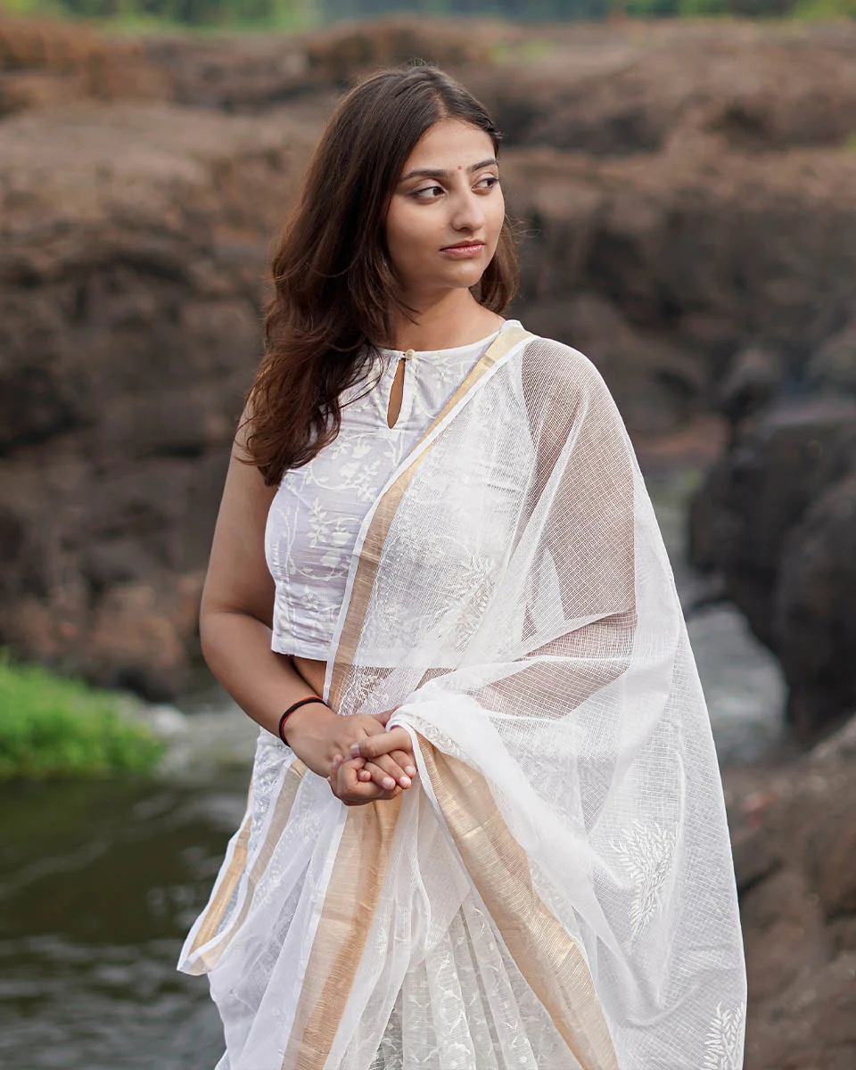 Seafoam cream Kota Doria Ivory Block Printed Saree - SFD - Image 4
