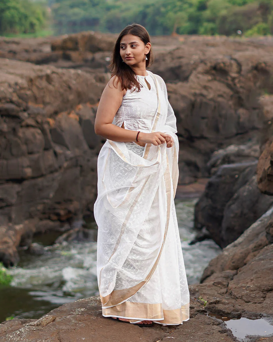 Seafoam cream Kota Doria Ivory Block Printed Saree - SFD - Image 7