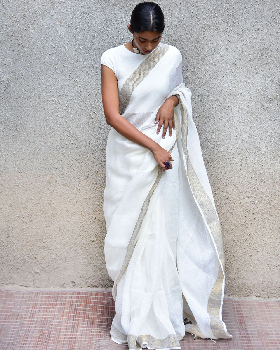 Selene Handwoven Linen Saree- Stardust - Image 3