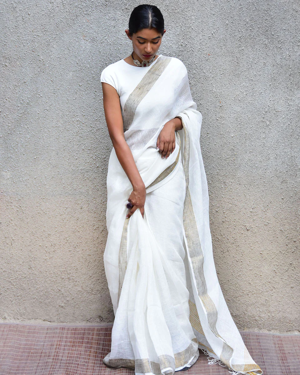 Selene Handwoven Linen Saree- Stardust - Image 4