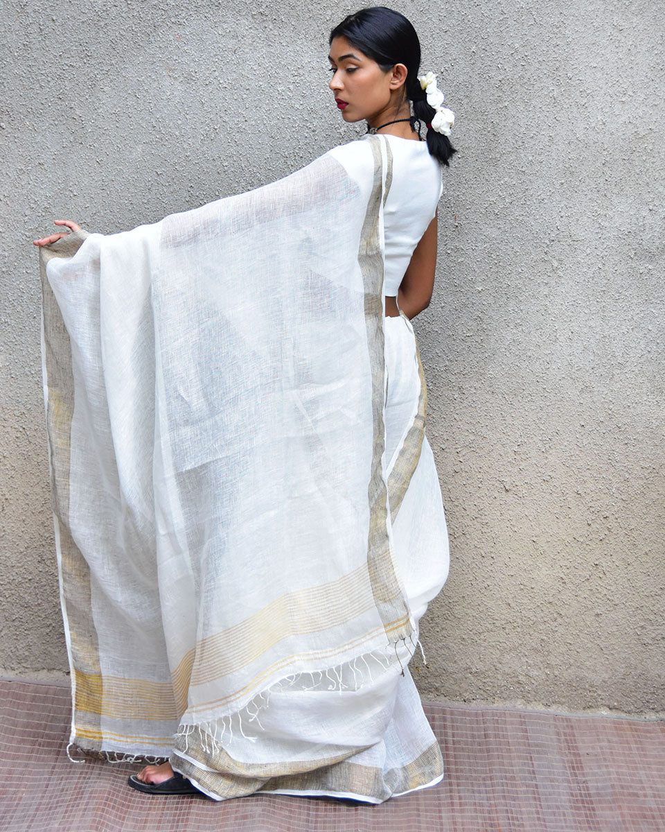 Selene Handwoven Linen Saree- Stardust - Image 5