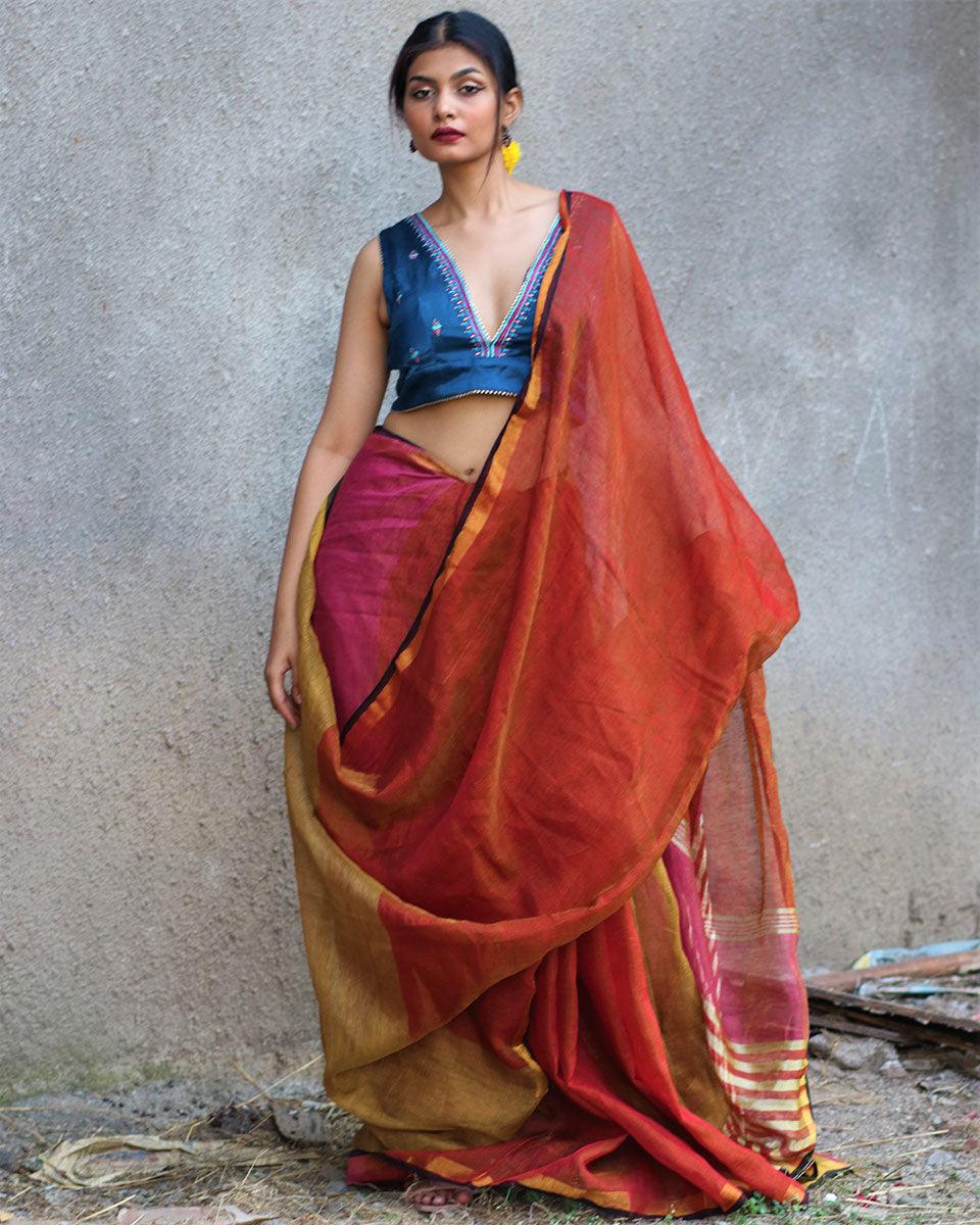 Shabab Handwoven Linen Zari Saree - Gazala - Image 2