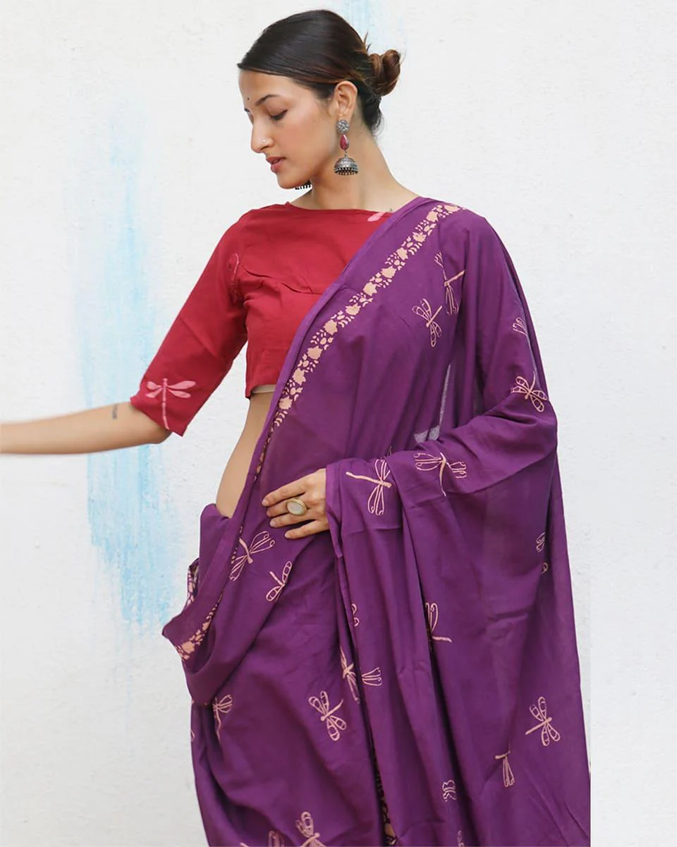 Shallot Handblockprinted Cotton Saree - Fmtm - Image 4