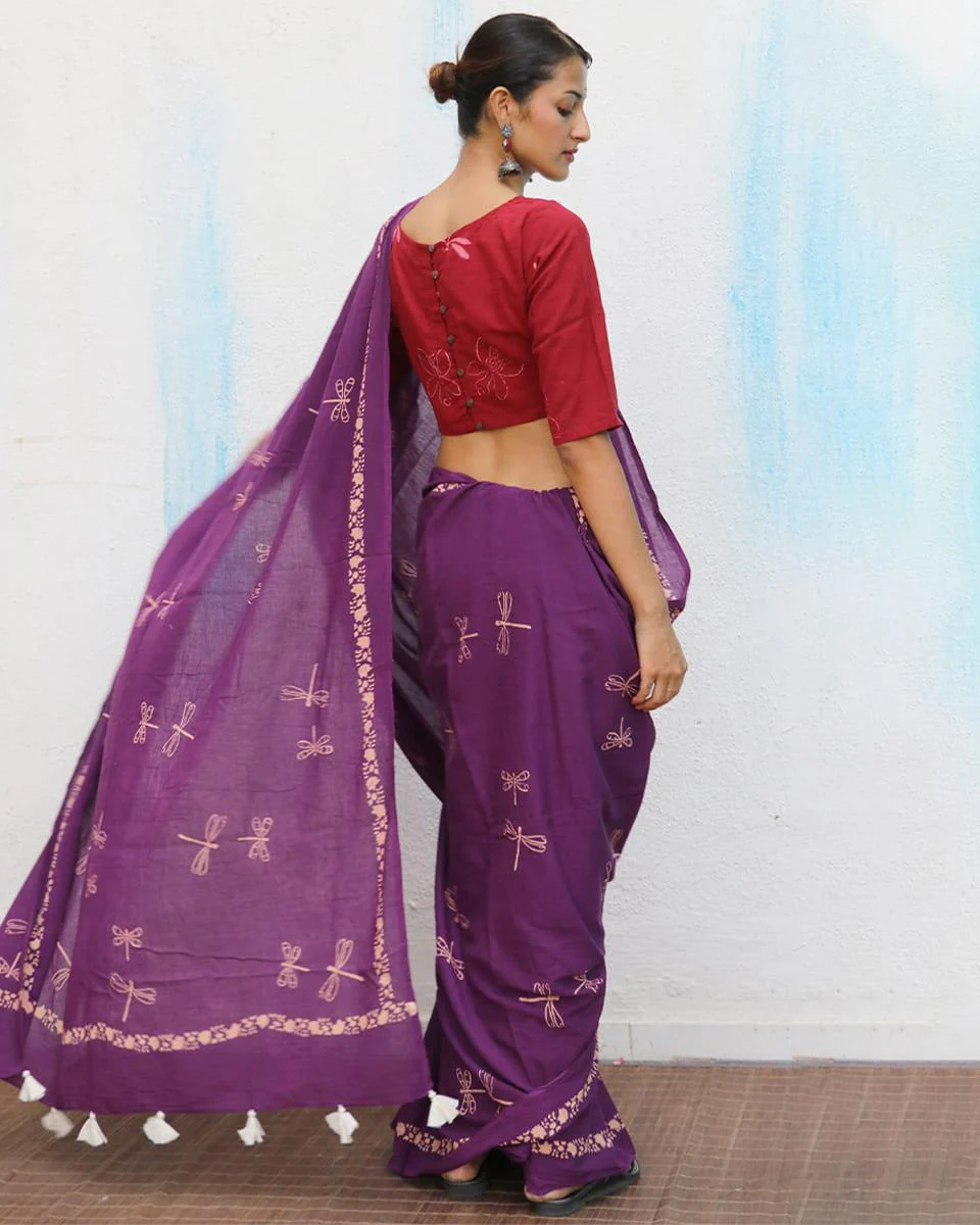 Shallot Handblockprinted Cotton Saree - Fmtm - Image 5
