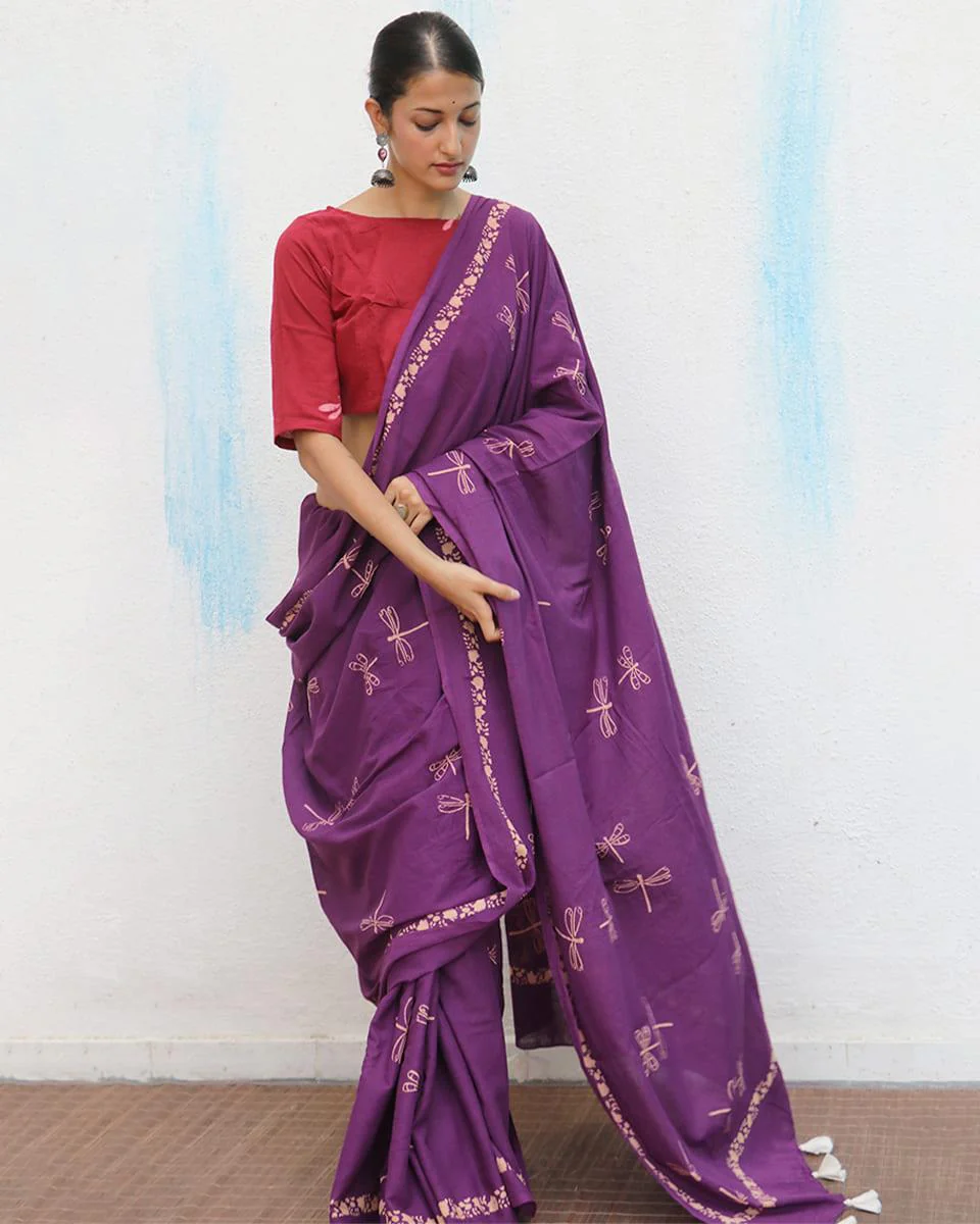 Shallot Handblockprinted Cotton Saree - Fmtm - Image 6