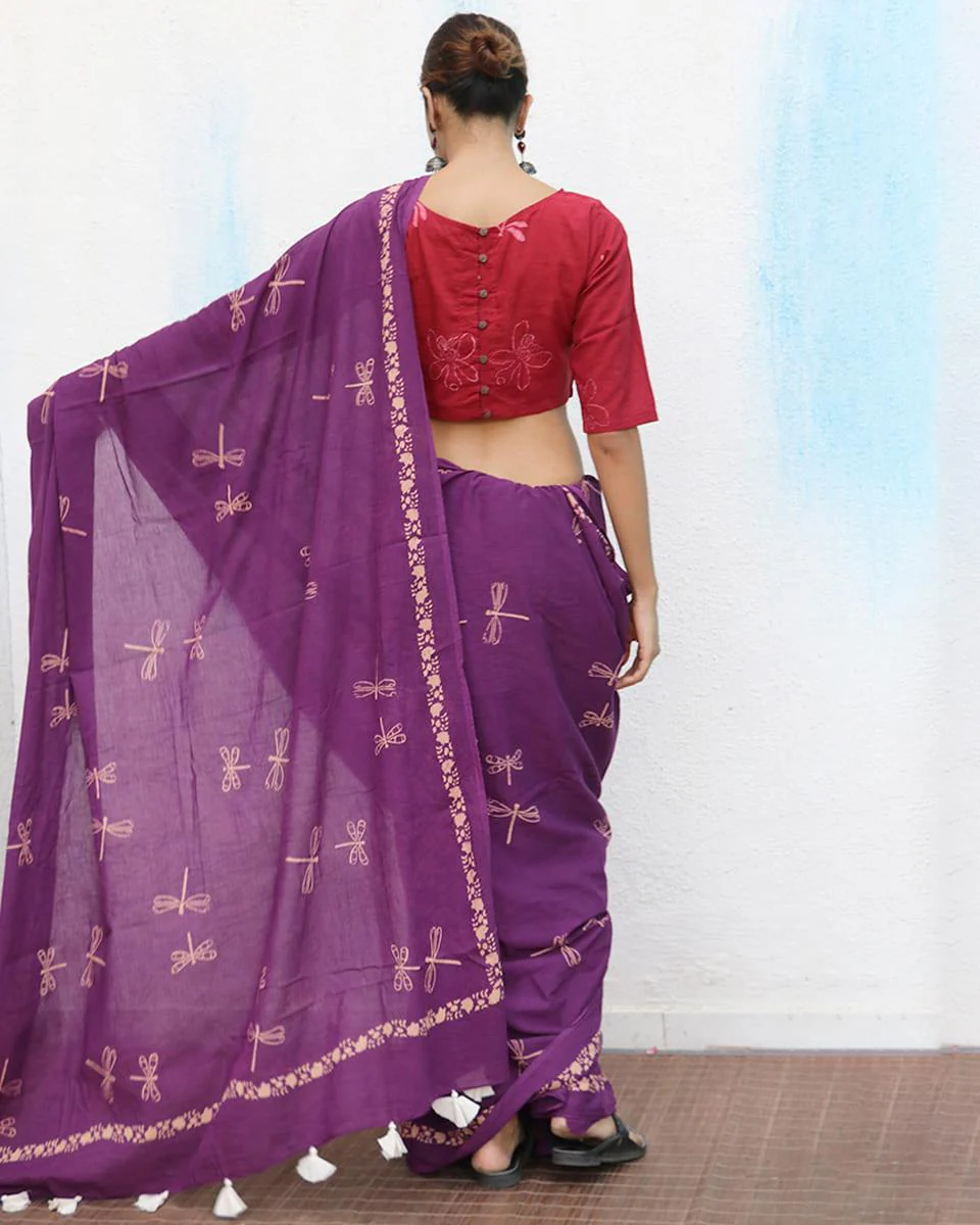 Shallot Handblockprinted Cotton Saree - Fmtm - Image 7