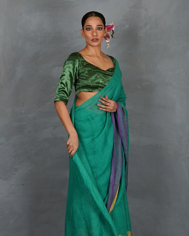 Shimmer On Green Handwoven Linen Saree - TARA - Image 10