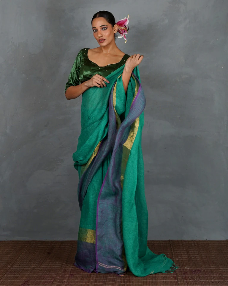 Shimmer On Green Handwoven Linen Saree - TARA - Image 2