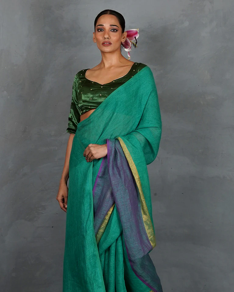 Shimmer On Green Handwoven Linen Saree - TARA - Image 5