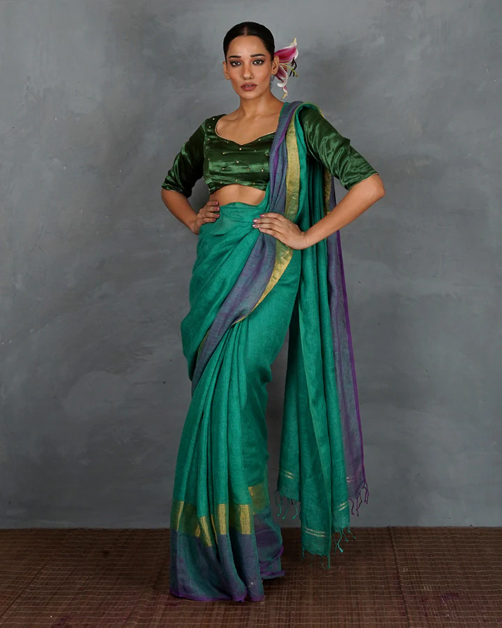 Shimmer On Green Handwoven Linen Saree - TARA - Image 6