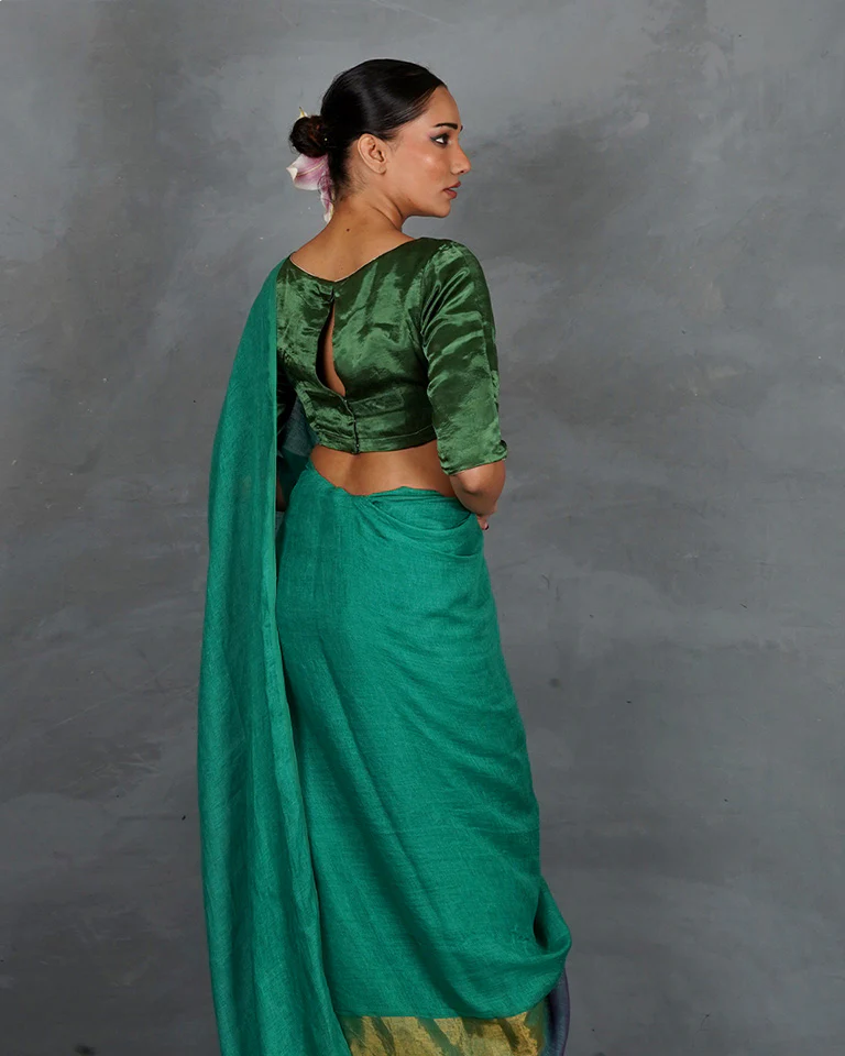 Shimmer On Green Handwoven Linen Saree - TARA - Image 9