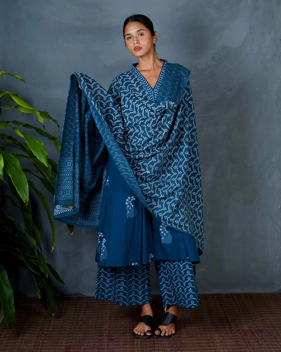 Shyama Teal Green Hand Block Printed Cotton Dupatta-MYA - Image 5