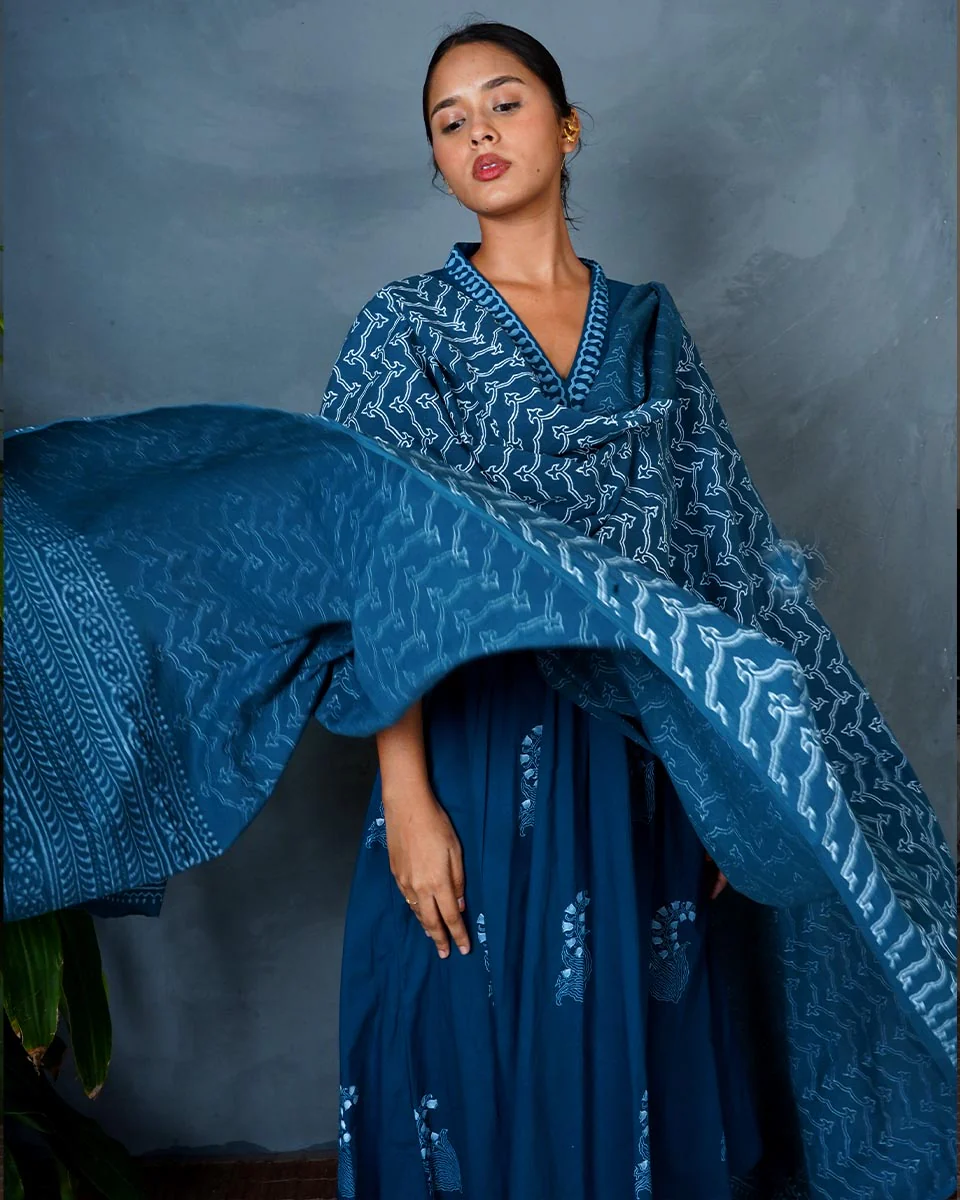 Shyama Teal Green Hand Block Printed Cotton Dupatta-MYA - Image 6