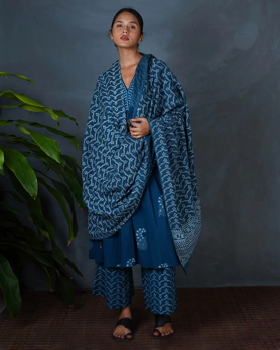 Shyama Teal Green Hand Block Printed Cotton Dupatta-MYA - Image 7