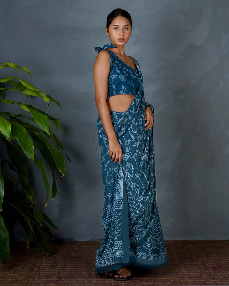 Sia Teal Green Hand Block Printed Cotton Saree-MYA - Image 10