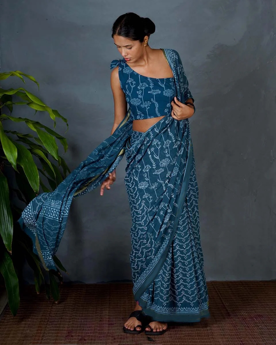 Sia Teal Green Hand Block Printed Cotton Saree-MYA - Image 2