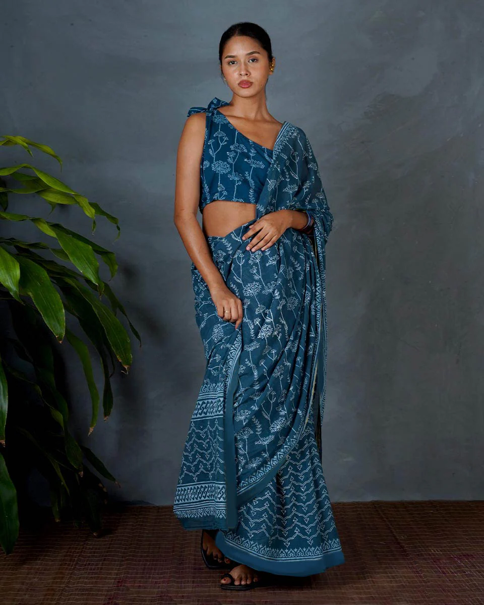 Sia Teal Green Hand Block Printed Cotton Saree-MYA - Image 4