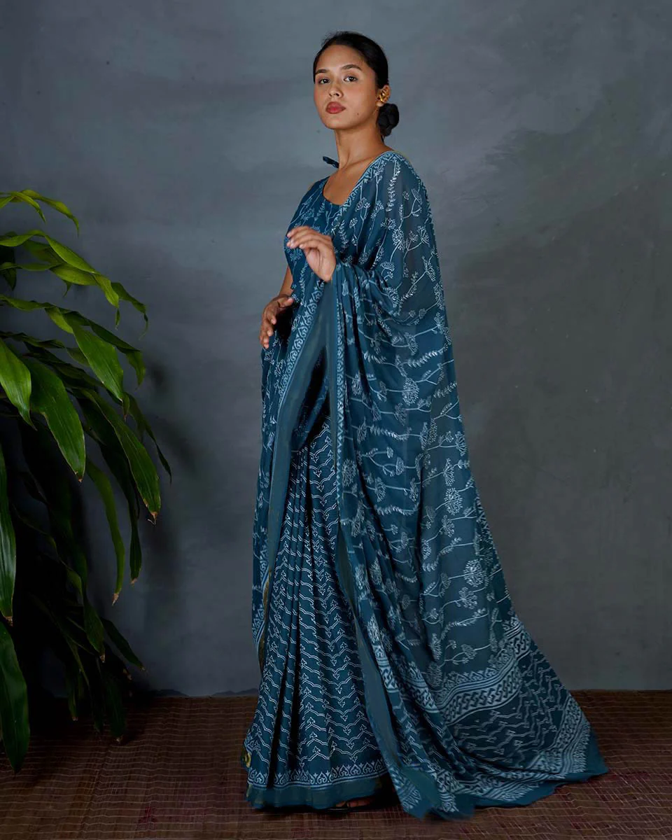 Sia Teal Green Hand Block Printed Cotton Saree-MYA - Image 6