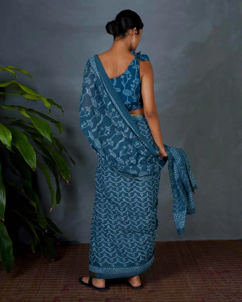 Sia Teal Green Hand Block Printed Cotton Saree-MYA - Image 8