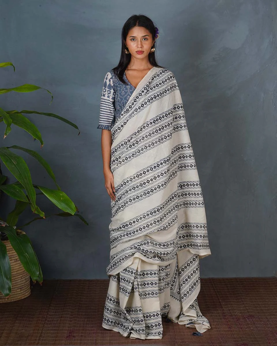 Sky Melt Ivory Block Printed Saree - BMS