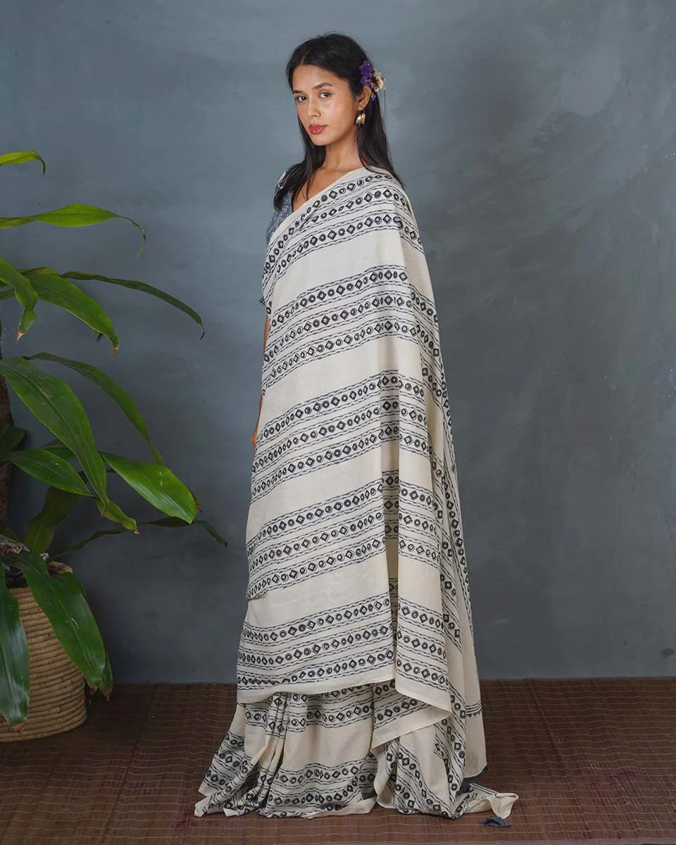 Sky Melt Ivory Block Printed Saree - BMS - Image 10