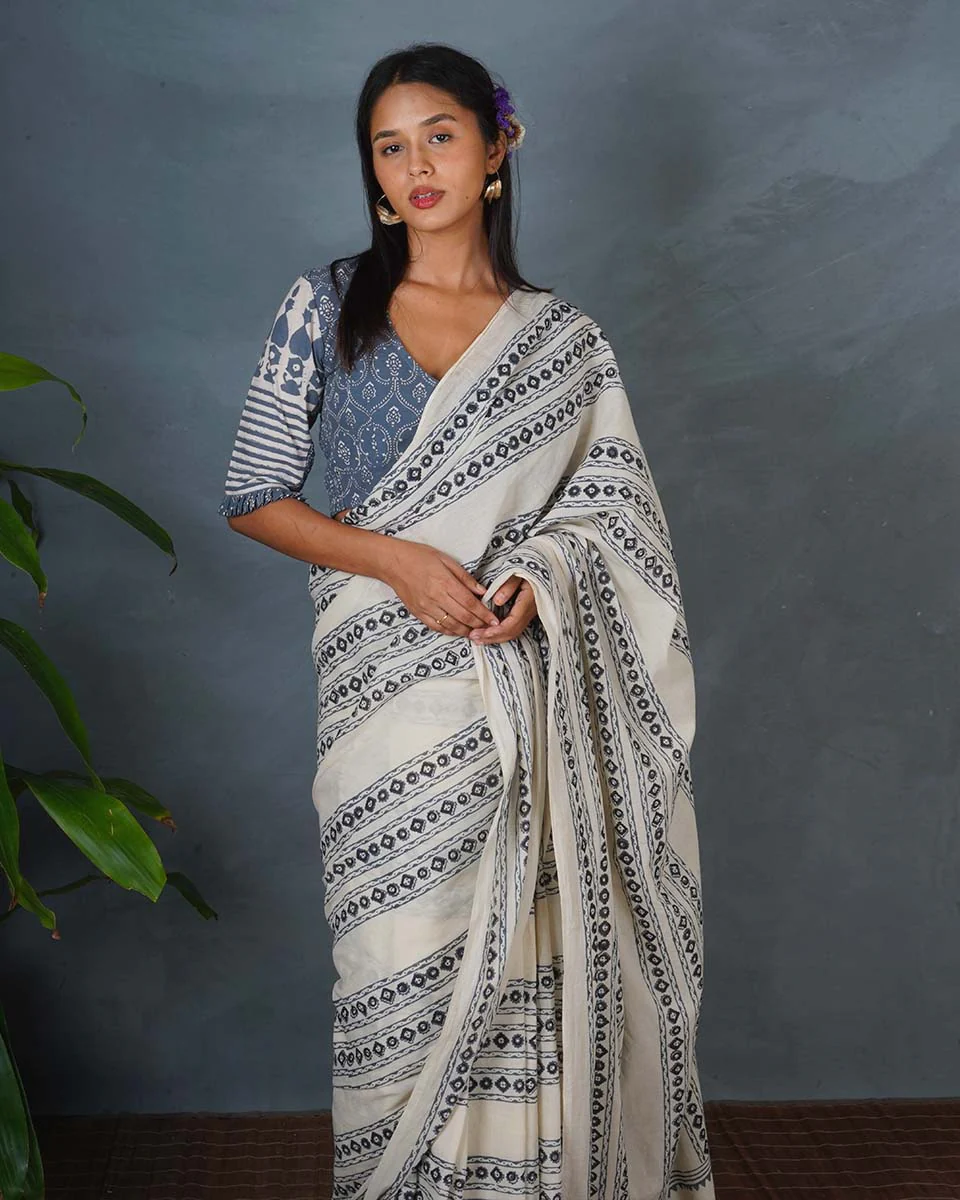 Sky Melt Ivory Block Printed Saree - BMS - Image 2