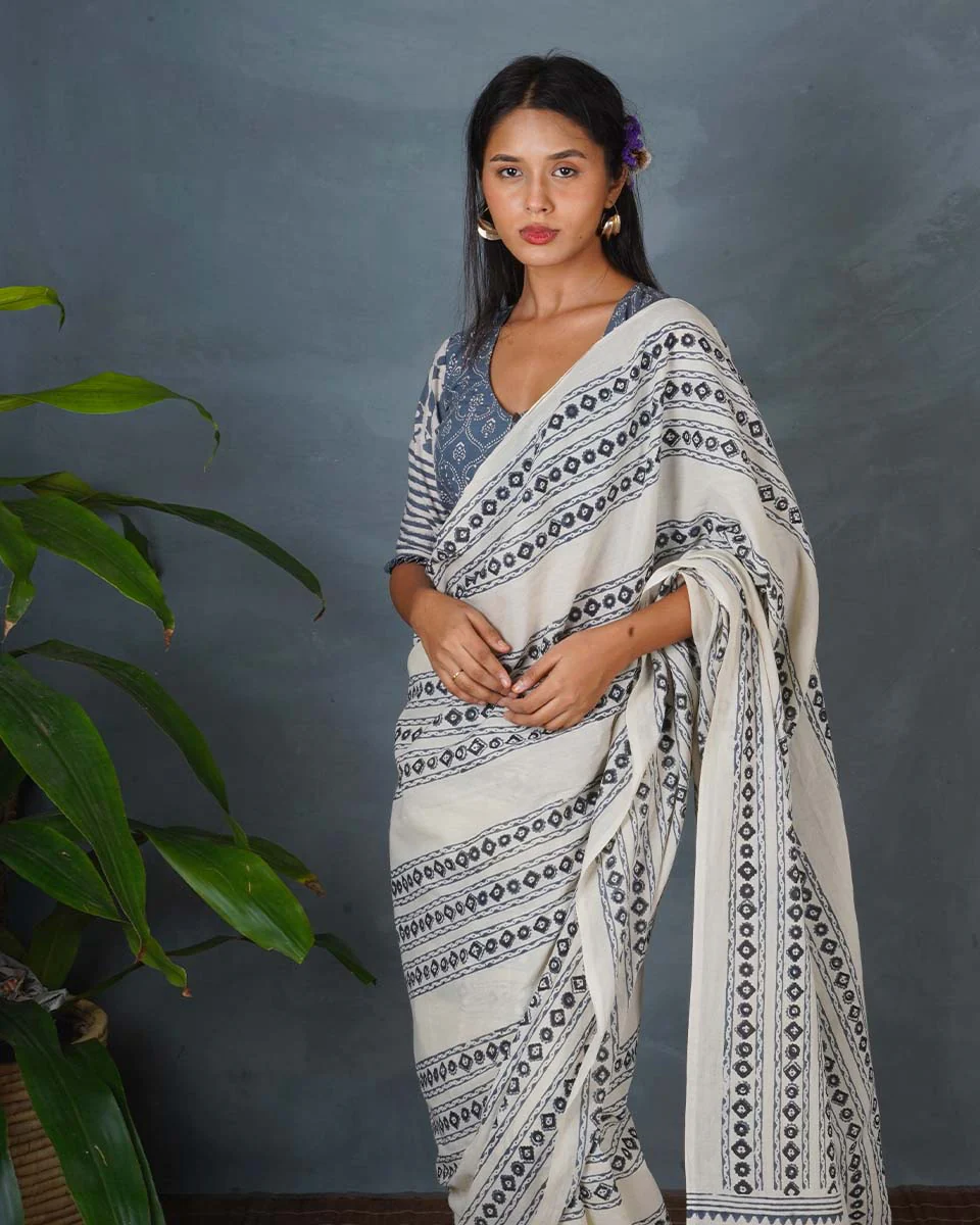 Sky Melt Ivory Block Printed Saree - BMS - Image 5