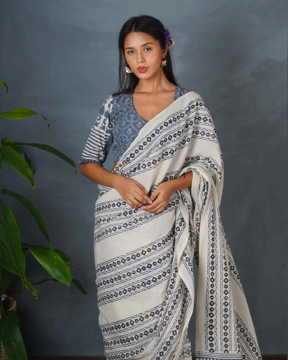 Sky Melt Ivory Block Printed Saree - BMS - Image 6