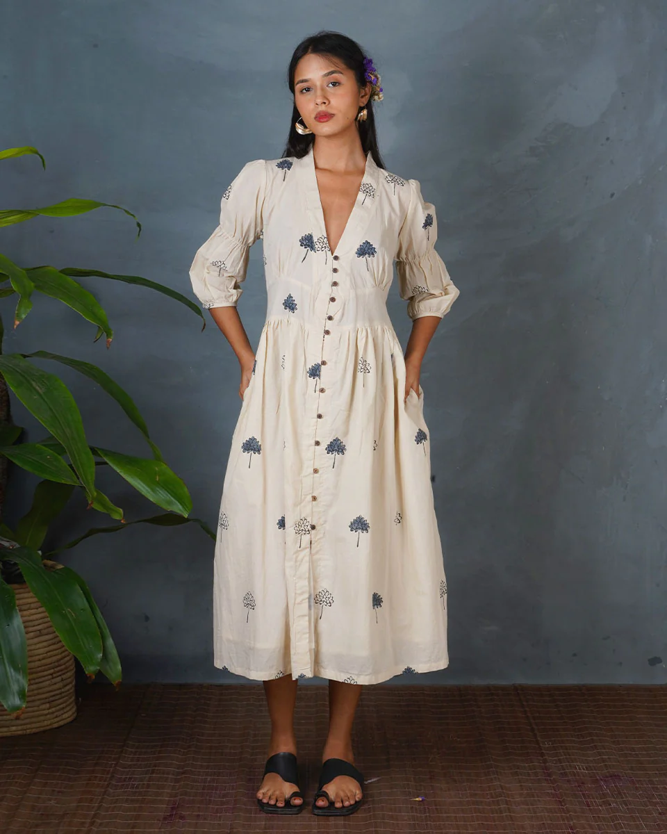 Sleepy Rainy Ivory Block Printed Dress - BMS - Image 4